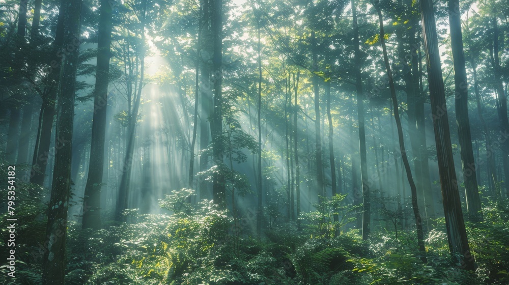 A minimalist Japanese forest with sunlight filtering through the trees.