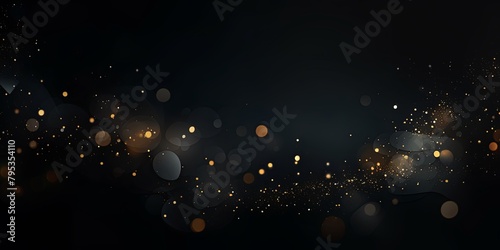 Black banner dark bokeh particles glitter awards dust gradient abstract background. Futuristic glittering in space on black background blank empty with copy space for product design or text copyspace  photo