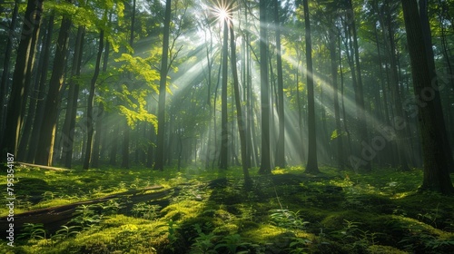 A minimalist Japanese forest with sunlight filtering through the trees.