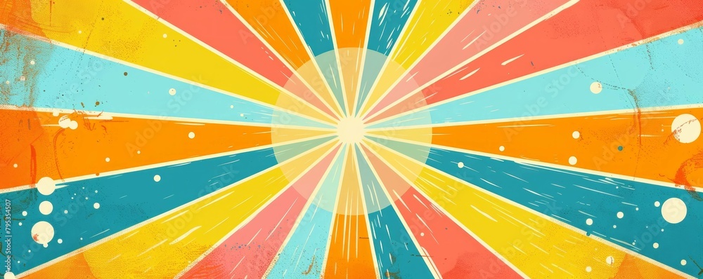 Horizontal retro groovy background with bright sunburst in style 60s, 70s. Trendy colorful graphic print. Horizontal retro groovy background with bright sunburst in style 60s, 70s. Trendy colorful graphic print.