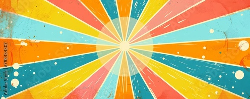 Horizontal retro groovy background with bright sunburst in style 60s, 70s. Trendy colorful graphic print.