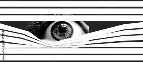 The human eye looks through the blinds. Concept of observation, peeking. Collage design elements in trendy dotted pop art style. Retro halftone effect. Vector illustration.