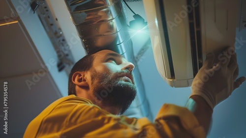 Technician Inspecting and Cleaning Air Ducts Connected to AC Unit for Thorough Maintenance photo