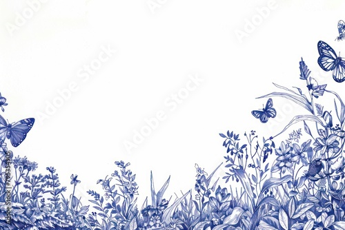 Vintage drawing landscape and butterfly border sketch illustrated porcelain.