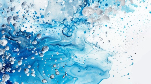 A fluid watercolor painting in electric blue and azure shades, featuring bubbles on a white background, resembling a freezing snow pattern