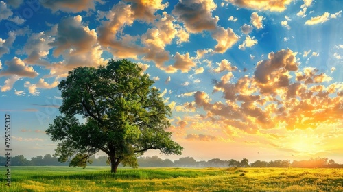 Tranquil panoramic rural landscape scenery in an early summer morning after sunrise, with a tree on green meadows and colorful clouds in the gold and blue sky