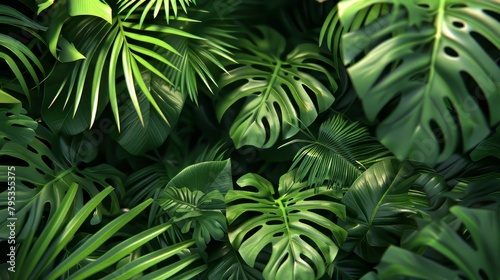 A lush green jungle with many leaves and vines. The image is full of life and energy  with the green leaves and vines