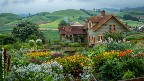 A charming rural farmhouse surrounded by colorful flower gardens, rolling hills, and lush green fields, evoking a sense of nostalgia and tranquility