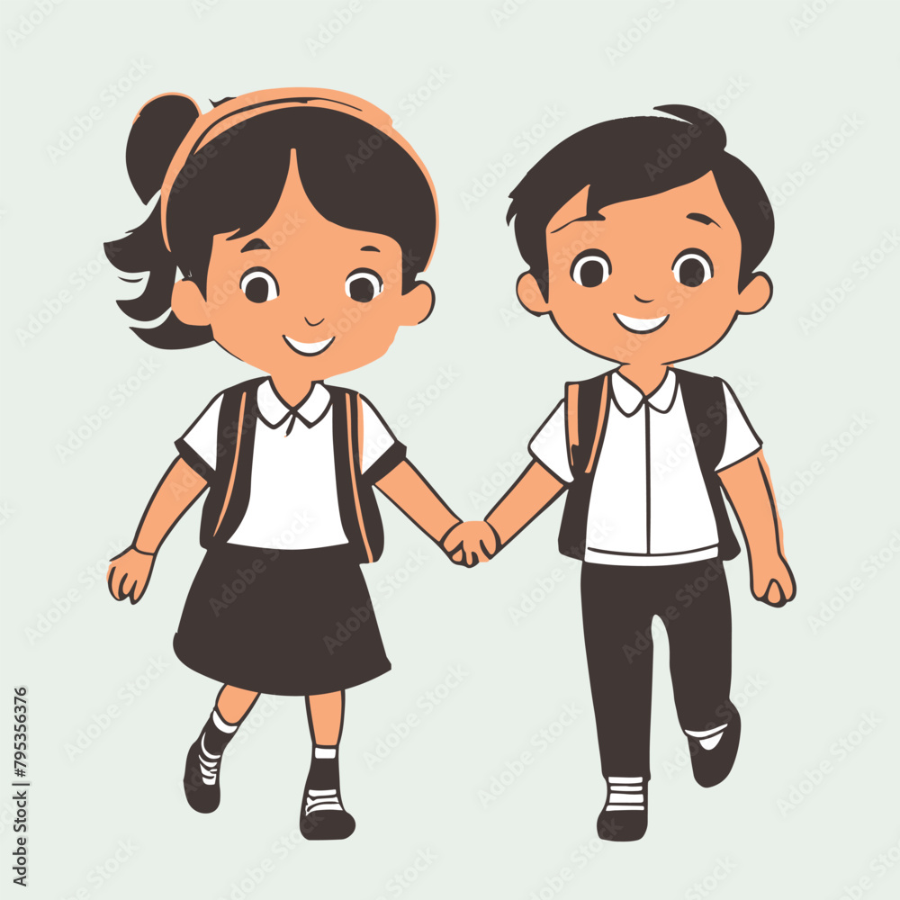 Girl and boy hand drawn vector illustration. Cute children holding hands.