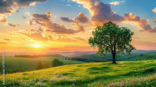 Tranquil panoramic rural landscape scenery in an early summer morning after sunrise  with a tree on green meadows and colorful clouds in the gold and blue sky