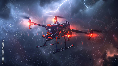 a black helicopter soars through a stormy sky, illuminated by a red light photo