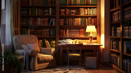 A cozy reading nook nestled in a corner of a library, with shelves of books, comfortable seating, and soft lighting, creating the perfect environment for literary escape