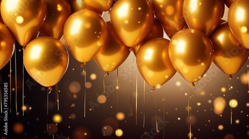 Golden balloons with ribbons for birthday celebration banner background.