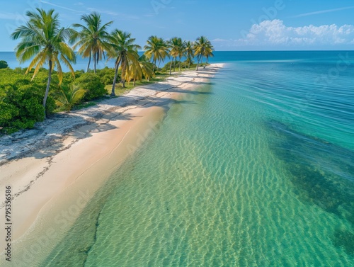 A beautiful beach with palm trees and clear blue water. The beach is empty and peaceful. The water is calm and inviting. The palm trees provide shade and a tropical atmosphere