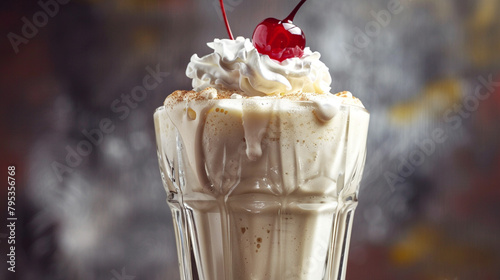 A glass of frothy milkshake topped with whipped cream and a cherry, served in a vintage soda fountain glass photo