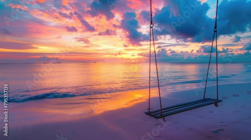 Tropical sunset beach and sky background as exotic summer landscape with beach swing or hammock and white sand and calm sea beach banner. Paradise island beach vacation or summer holiday destination © Alizeh