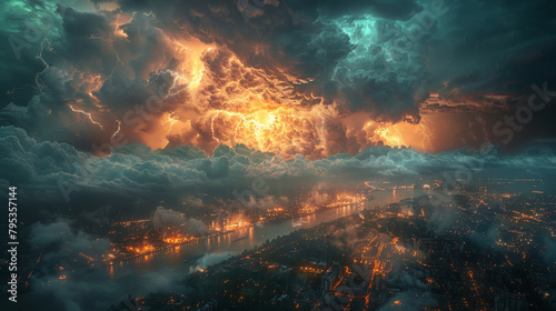 A cityscape with a stormy sky and a bright orange lightning bolt. Scene is intense and dramatic