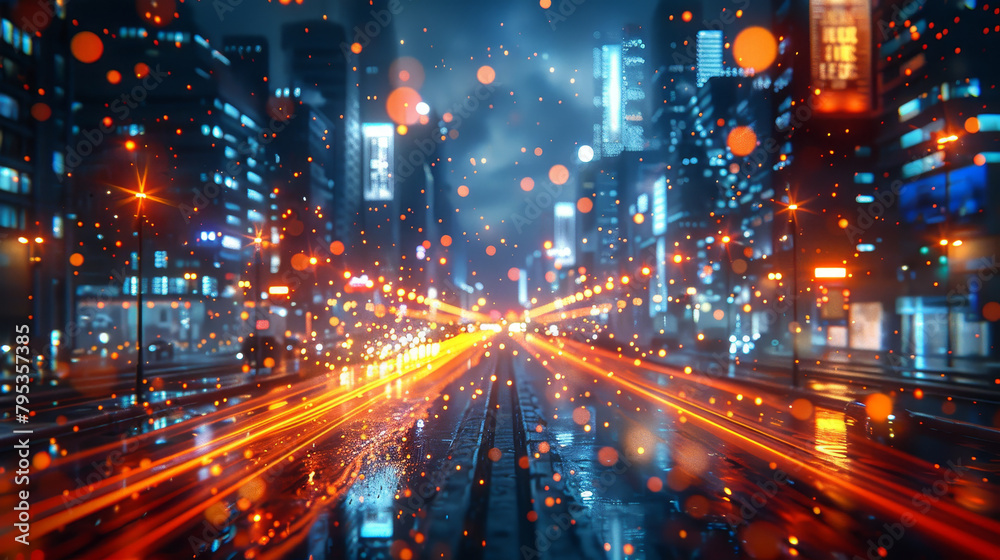 A city street with a lot of lights and a blurry background. The lights are scattered all over the street, creating a sense of movement and energy. Scene is lively and dynamic
