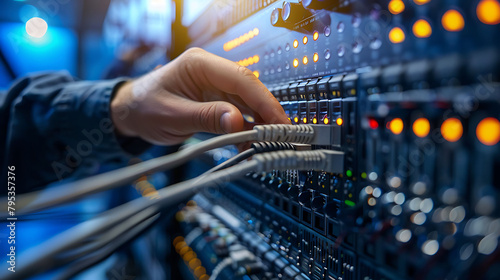 a person's hand holding a cable connected to a server, with a finger visible in the foreground photo