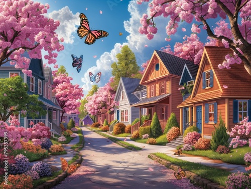 A painting of a neighborhood with houses and trees, and a lot of butterflies. The mood of the painting is peaceful and serene