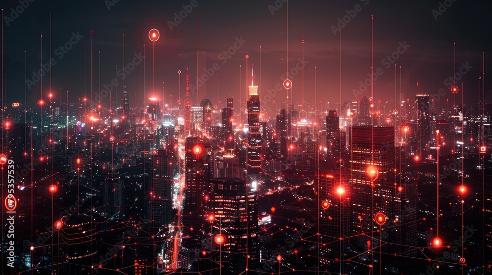 A red and black cityscape with glowing red nodes and lines representing a digital network.
