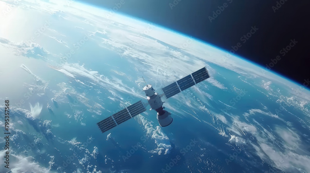 A satellite orbits the Earth, providing communications and weather data. A satellite orbits the Earth, providing communications and weather data.