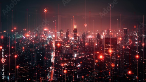 A red and black cityscape with glowing red nodes and lines representing a digital network.