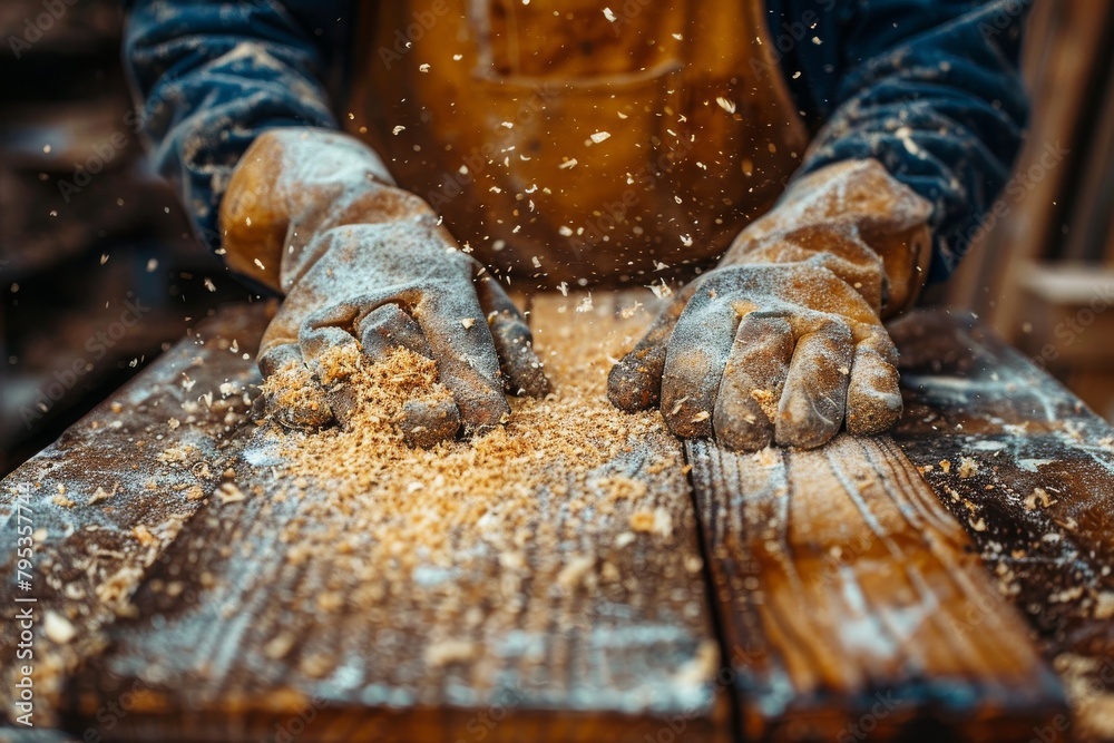 Close-up of craftsperson's hands covered in sawdust while planing a wooden plank, highlighting craftsmanship and skill Close-up of craftsperson's hands covered in sawdust while planing a wooden plank, highlighting craftsmanship and skill