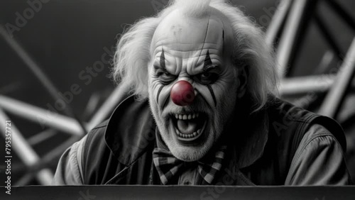 A black and white animated portrait of a scary clown on a roller coaster, depicting a fictional character in a dark and eerie amusement park setting, evoking a sense of horror and entertainment