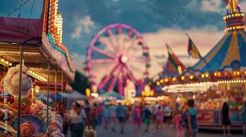 Twilight Hues and Festive Lights at Bustling Carnival Fair.