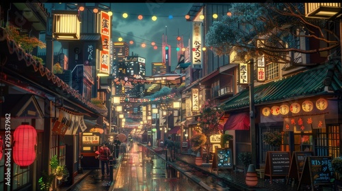 A beautiful japanese tokyo city town in the evening, digital art, anime style photo
