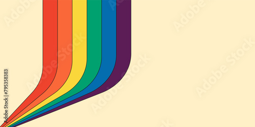 Retro rainbow color striped path horizontal banner. Geometric hippie rainbows perspective flow cover. Vintage hippy abstract spectral iridescent stripes. Trendy minimal disco y2k colorful art lines