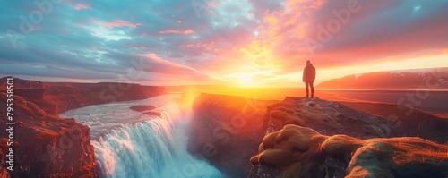 Majestic landscape of waterfall flowing with colorful sunset sky and male tourist standing at the cliff.