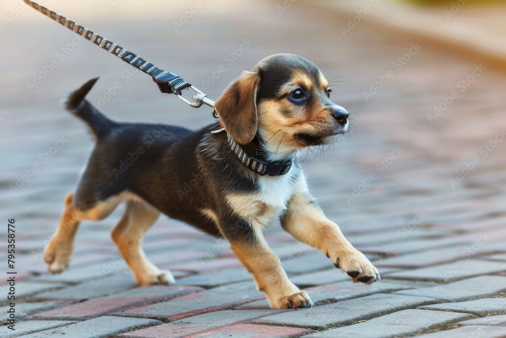Puppy learning to walk politely on a leash without pulling
