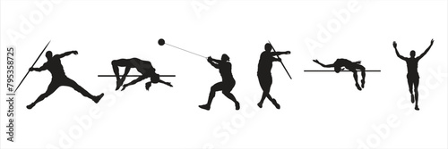 set black silhouette athlete on white background, summer olympic sports, vector illustration
