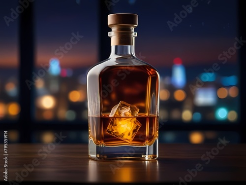 the whiskey in the glass with beauty blur city background photo