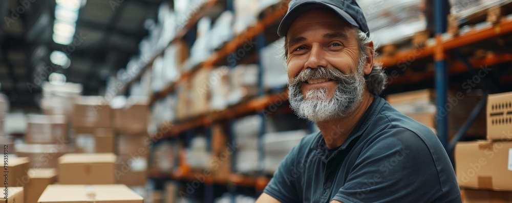 Mature man smiling at the camera while packing cardboard boxes in a distribution warehouse. Happy logistics worker preparing goods for shipment in a large fulfillment center. Mature man smiling at the camera while packing cardboard boxes in a distribution warehouse. Happy logistics worker preparing goods for shipment in a large fulfillment center.