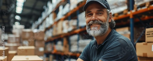 Mature man smiling at the camera while packing cardboard boxes in a distribution warehouse. Happy logistics worker preparing goods for shipment in a large fulfillment center.