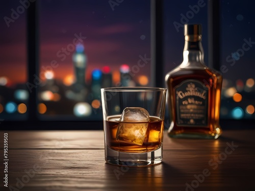 the whiskey in the glass with beauty blur city background photo
