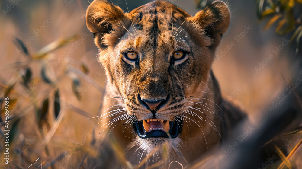 Fototapeta Description: A close-up photograph of a majestic lion staring into the distance in its natural habitat.
