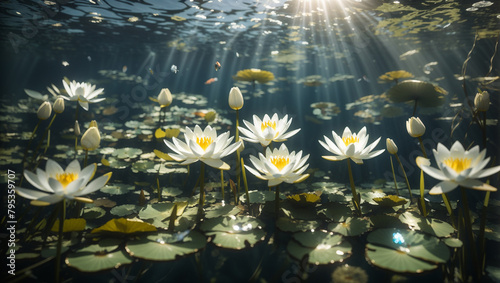 There are white water lilies in a pond with lily pads. Sunlight is shining through the water and illuminating the flowers.  