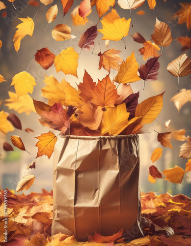colorful autumn leaves falling into big paper bag