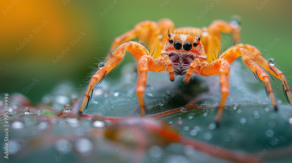 Fototapeta premium An orange jumping spider is standing on a leaf with water droplets.