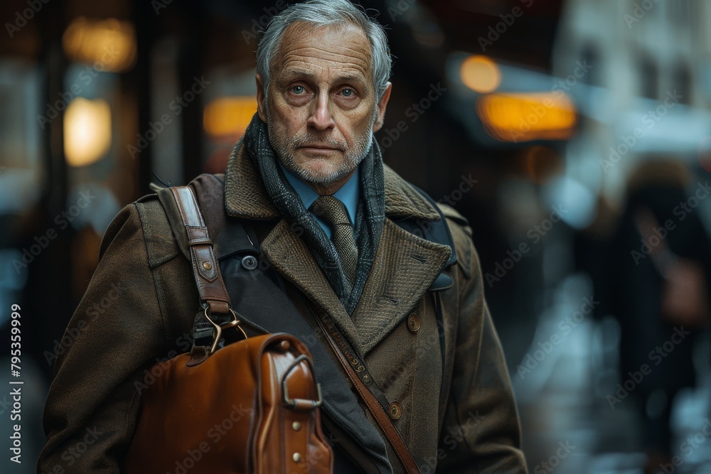 Fototapeta premium Thoughtful looking senior man with a leather bag and a warm coat stands outdoors