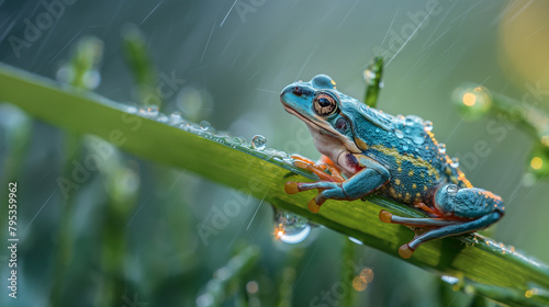 A colorful frog is perched on a green leaf with raindrops around it.  © krit