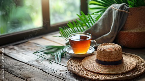 Cup of tea with a straw hat on a wooden table.