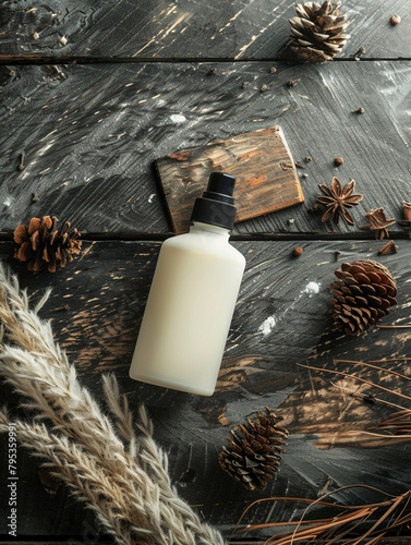 An unlabeled cosmetic bottle lies on a dark textured wooden table. Next to nice decoration. © Aisyaqilumar