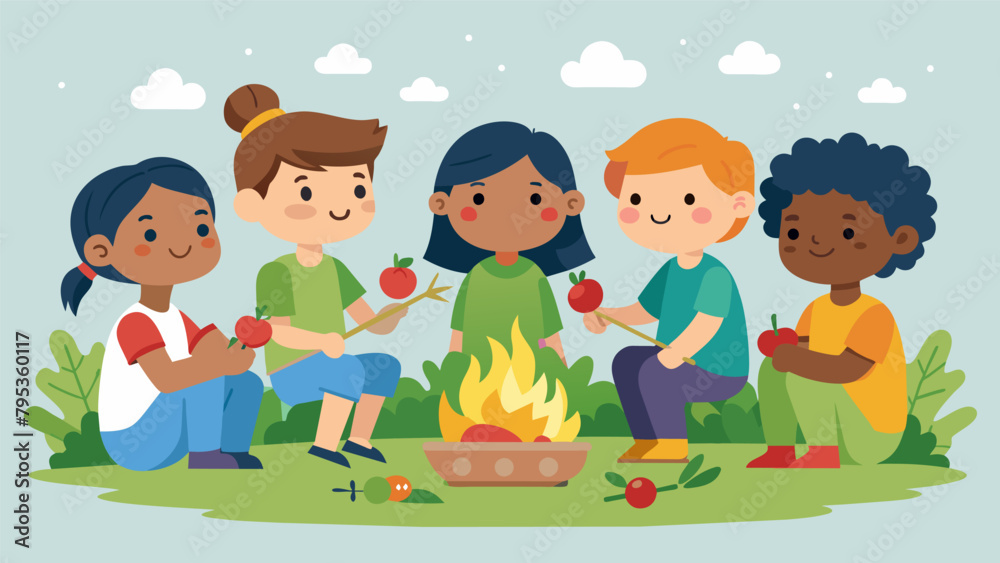 A group of kids huddled around a campfire roasting freshly picked vegetables on skewers while sharing stories of their favorite gardening A group of kids huddled around a campfire roasting freshly picked vegetables on skewers while sharing stories of their favorite gardening