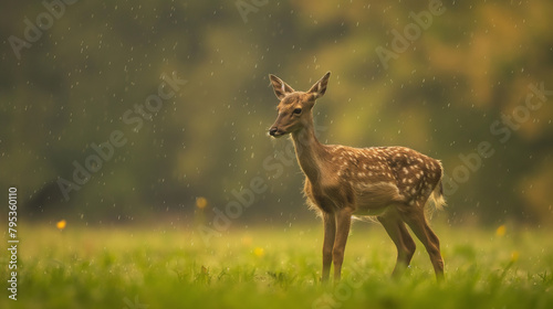 A young spotted deer is walking through a grassy field in a light rain shower. 