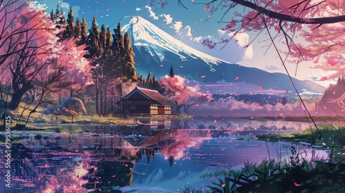 Beautiful anime-style illustration of a japanese landscape, digital art illustration